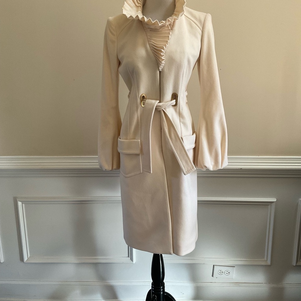 Roberto Cavalli Women Cashmere Coat Gold Belt Loops Pleated Collar Size 44